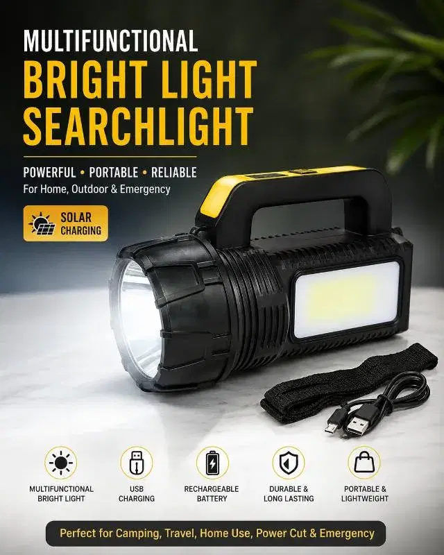 Multifunctional Rechargeable Searchlight – Powerful LED Torch with Side Light | USB Charging, Model no : 9807 