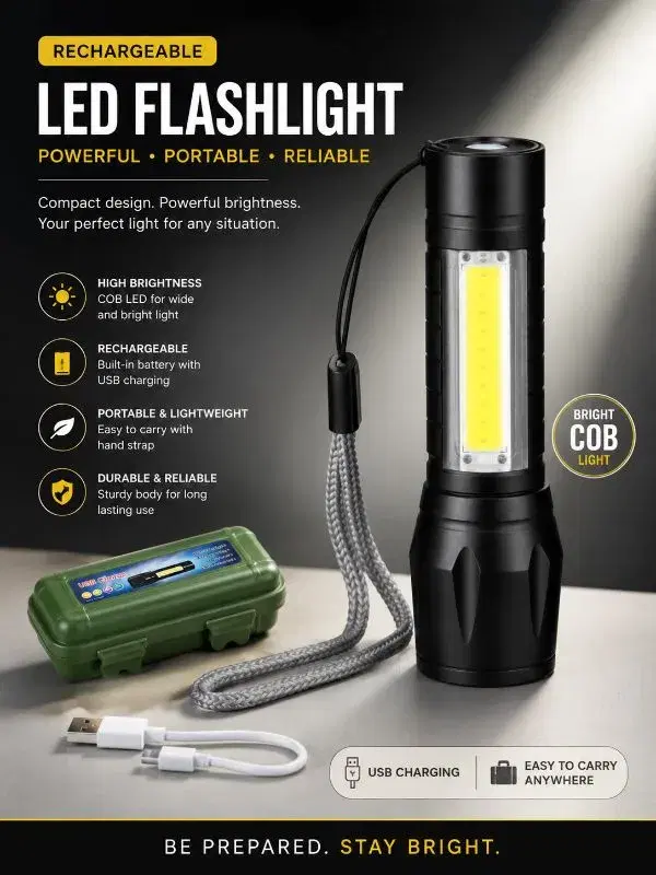 Rechargeable COB LED Flashlight with Storage Case | USB Charging Torch, Torch Light