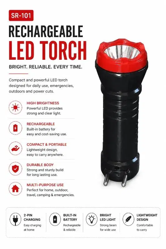 SR-101 Rechargeable LED Torch | Powerful Emergency Light with Built-in Battery, Torch Light