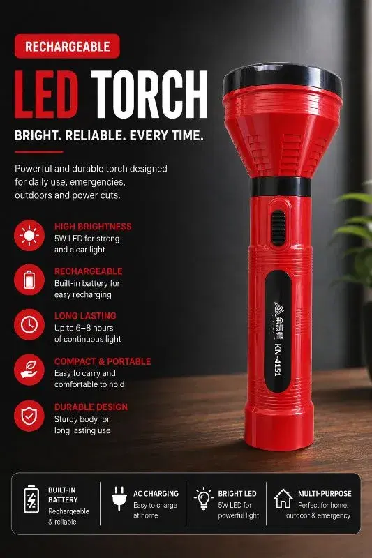 KN-4151 Rechargeable LED Torch | 5W Powerful Emergency Light, Torch Light