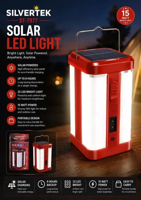 Silvertek ST-7977 Solar LED Light | 15W Bright Emergency Lantern with 32 LEDs ,Camping Light, Torch light
