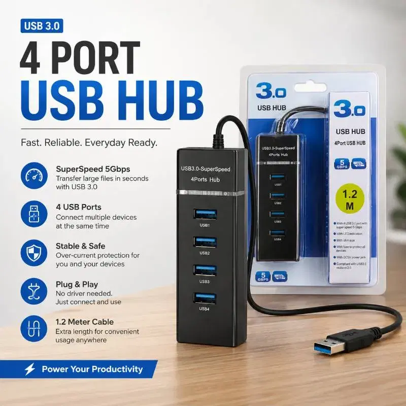 Usb hub 3.0 4-Port SuperSpeed USB Hub – 5Gbps | 1.2M Long Cable