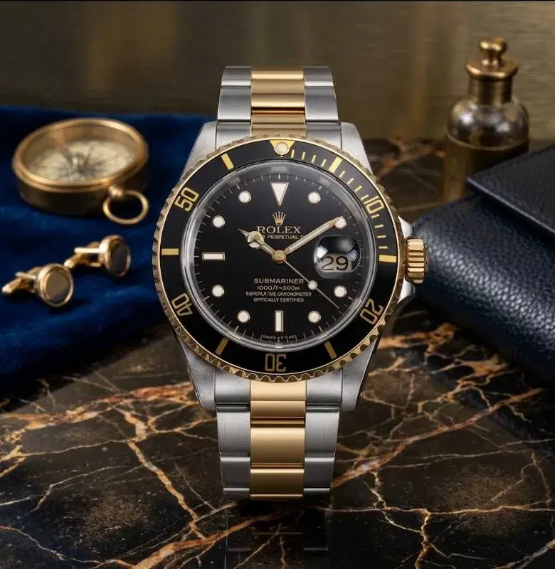 Rolex Two-Tone Submariner Style Date Function Men's Quartz Watch - Black Dial & Gold Accent Chain