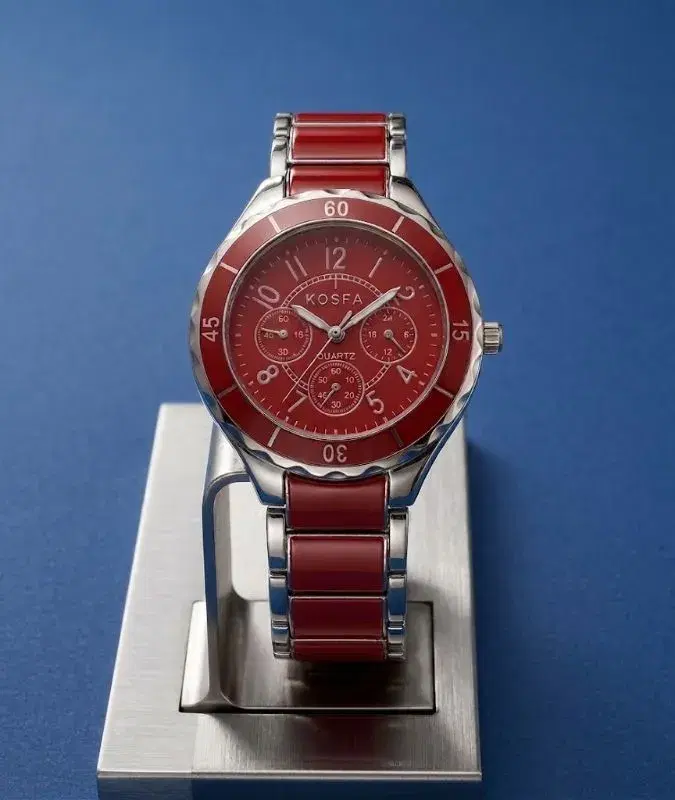 Stainless Steel Chronograph Design Red Color Watch For Ladies 