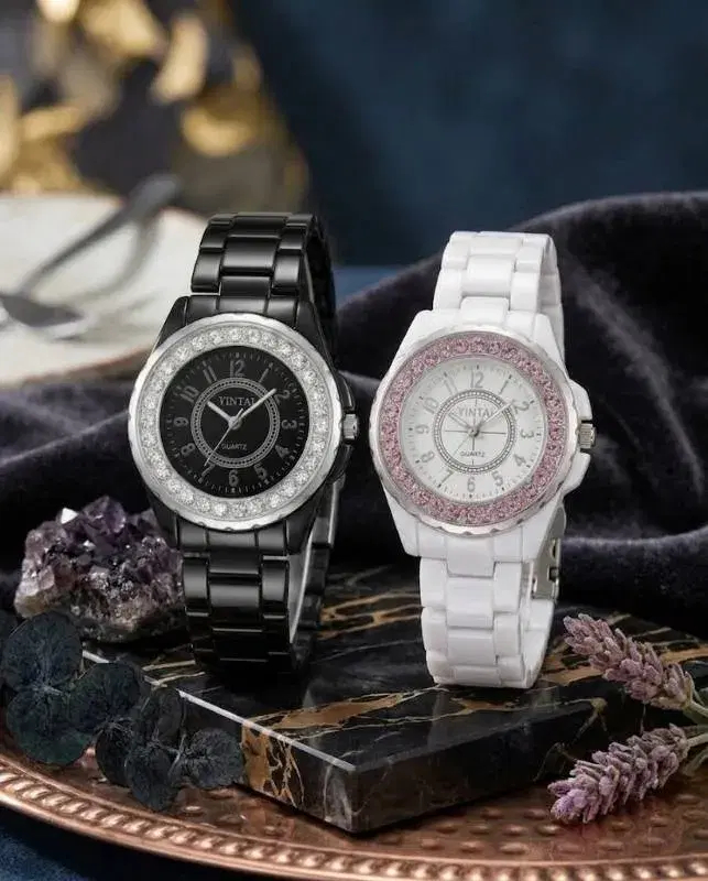 Stainless Steel Attractive Black & White Color Stone Engraved Watch For Ladies 
