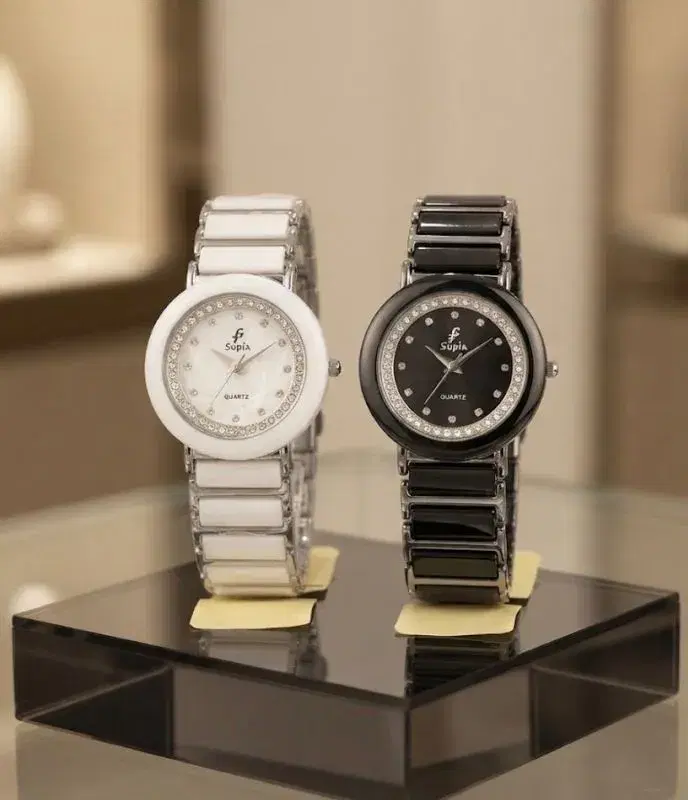 Supa Round Black & White Ceramic Fancy Watch For Ladies 
