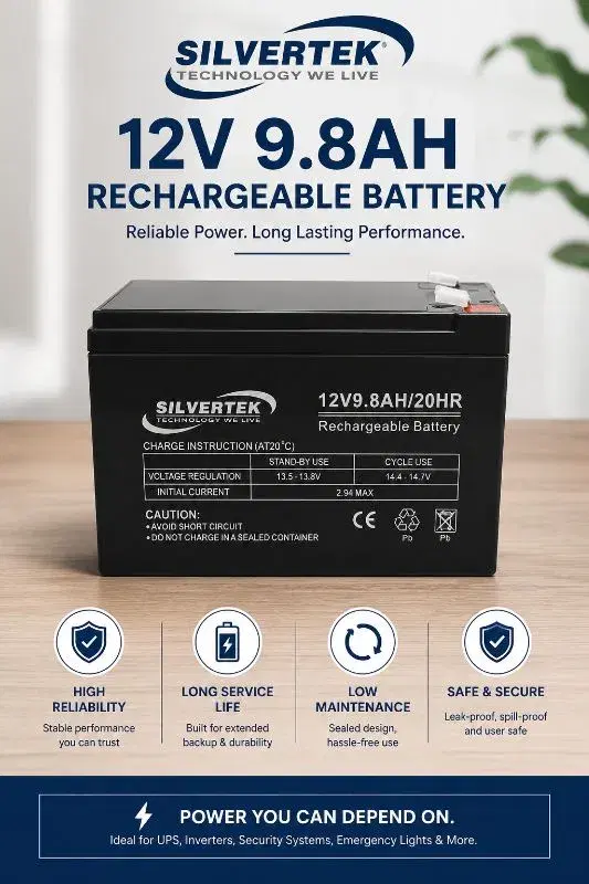 SILVERTEK 12V 9.8Ah Rechargeable Battery | SMF Sealed Lead Acid Battery for UPS, Inverter & Backup Power, 12 volt battery
