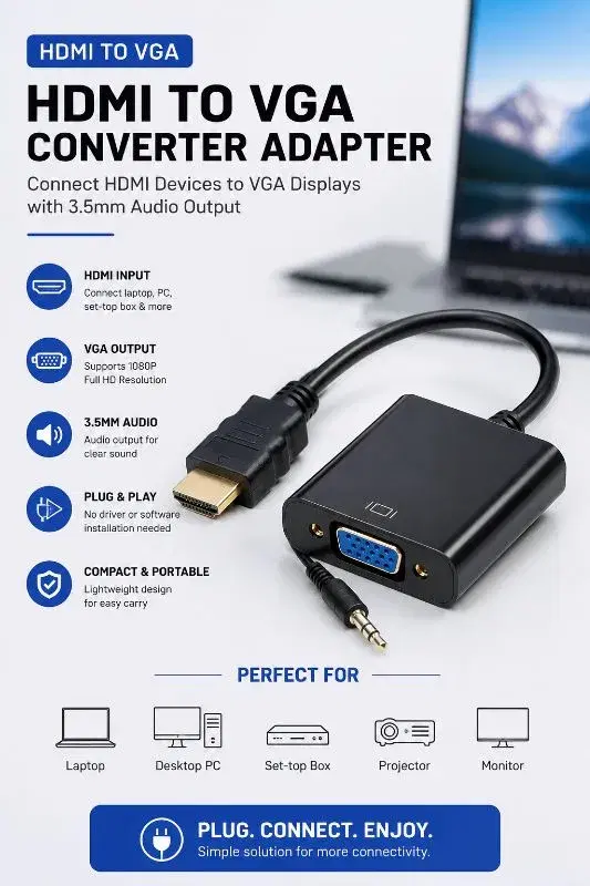 HDMI to VGA Converter Adapter with 3.5mm Audio | 1080P HDMI to VGA Adapter for Laptop, PC, Projector & Monitor