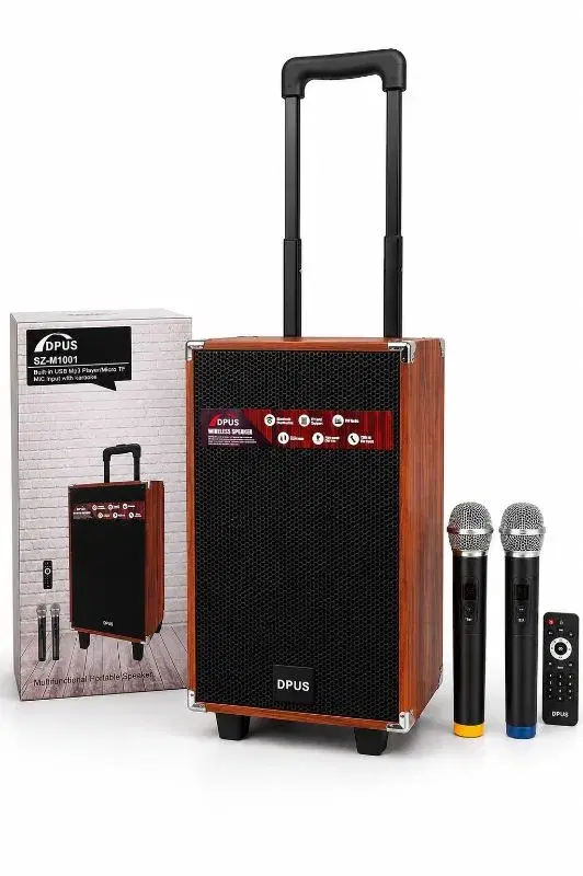 DPUS SZ-M1001 Super Bass 10 Inch Bass Wooden Wireless BT Trolley Speaker FM Radio Subwoofer Wireless Karaoke Active Speakers