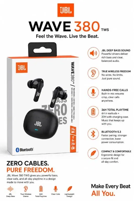 JBL WAVE 380 ZERO CABLES PURE FREEDOM WIRELESS EARBUDS 