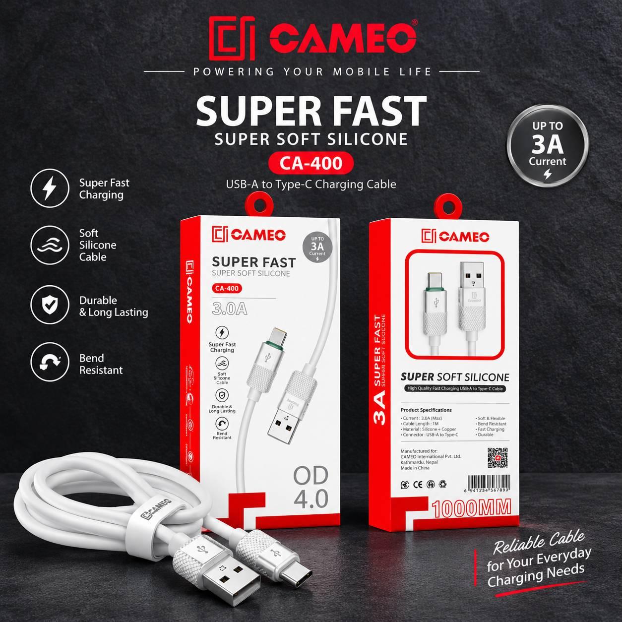 Cameo DA-400 | Original Silicone Super Soft | SUPER FAST | Data Sync and Fast Charging | Very Flexible | Heat Resistant | Plug: APPLE USB 
Jack, Material: SILICONE | Tangle-Free | Crack Resistant | Strong & Durable | Length: 1000cm, OD4.0