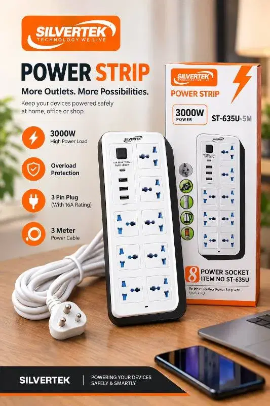 Silvertek ST-635U 8 port Multiplug/Extension Board with USB & Type-C – 3000W, 3 Meter Cable