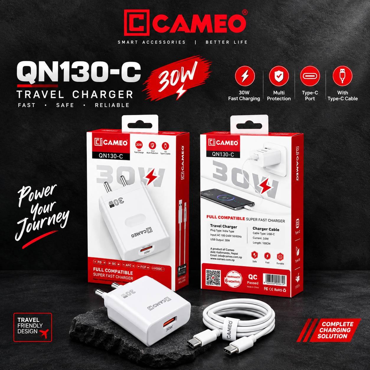 CAMEO QN130-C Real 30W | USB Ultra-Fast Charger and Type C Cable, 30w Max | QC 3.0 | VOOC 2.0 | Dash Charge, Ultra-Fast Charging | 
Multi-Protection, Plug Type: India Type, Input: AC 100-240V 50/60Hz, Output: 5V/3A 9V/2.22A, 12V/1.6A (Max 30W),