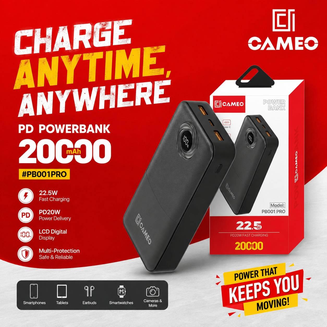 Cameo PB001 Pro 20000 mAh 22.5W PD Fast Charging Powerbank Type C Fast Charging Port Dual Output Charging with Led indicators