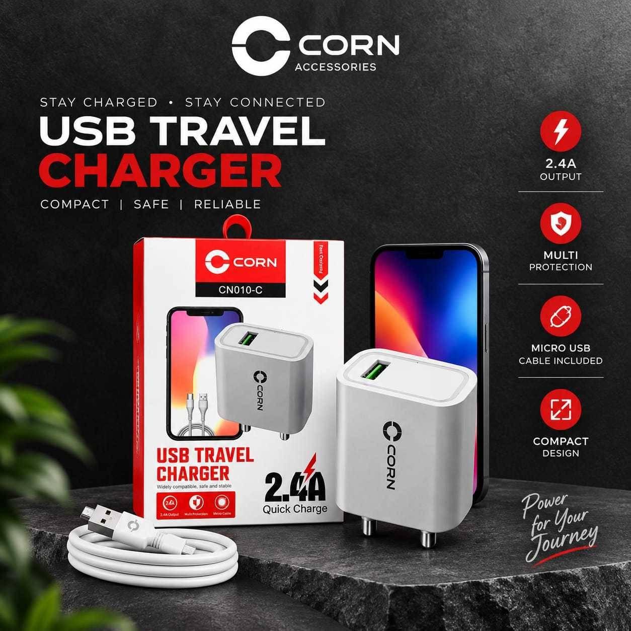 Corn CN010-C 12W  2.4A Mobile Charger With Type-C Cable