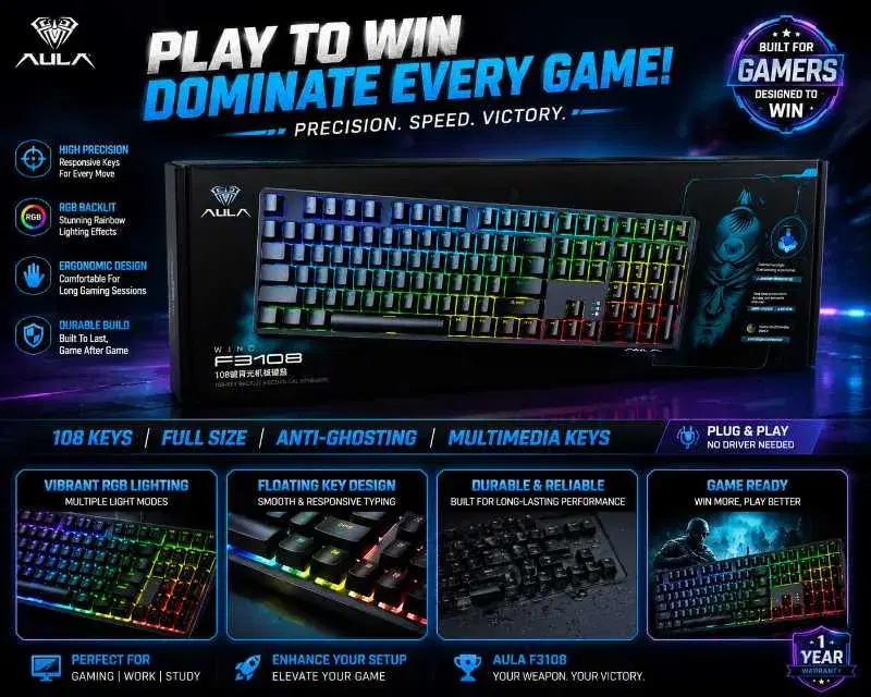 F3108 ERGONOMIC DESIGN COMFORTABLE FOR GAMING KEYBOARD 
