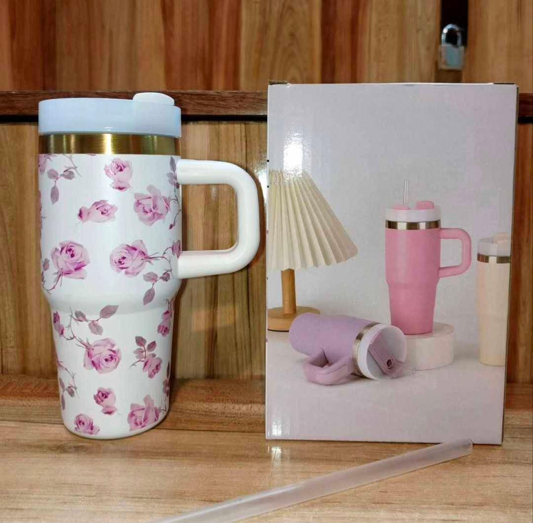 Flower Printed 600ml Tumblr With Handle And Pipe