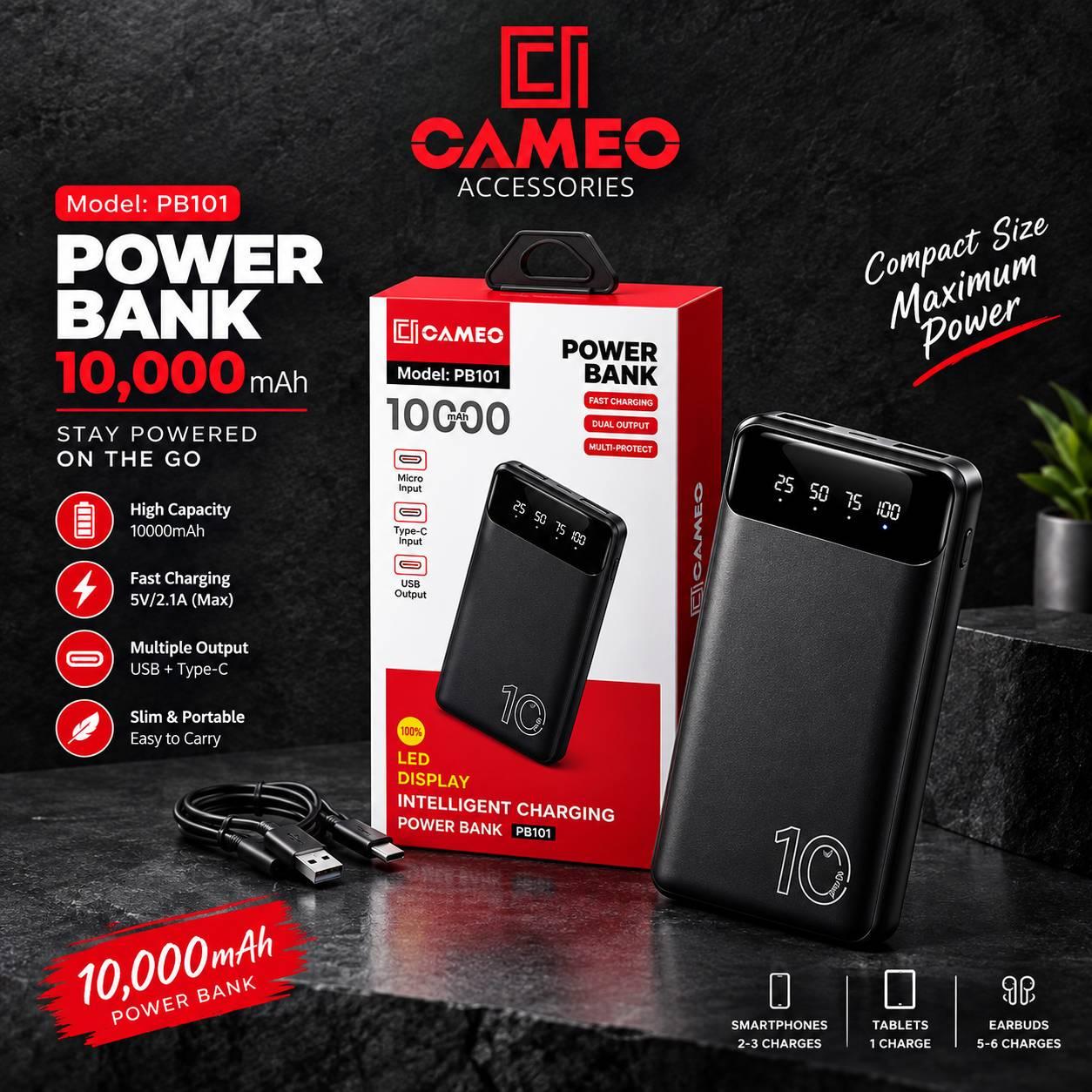 Cameo PB101 10000 mAh Slim Powerbank with LED Torch Charging Type C and Micro USB Input Ports