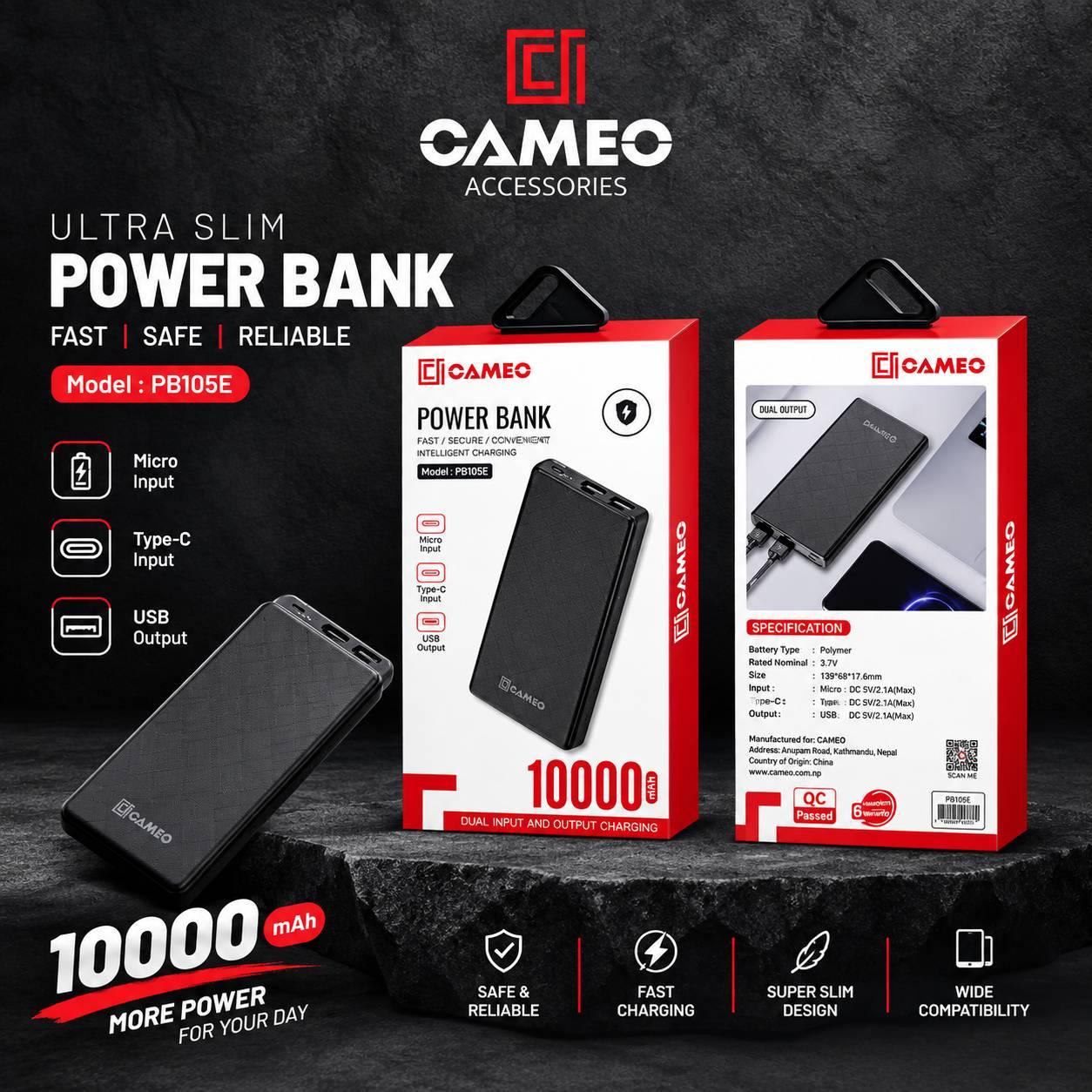Cameo  PB105 Power Bank, a portable charger with a 10,000 mAh capacity.