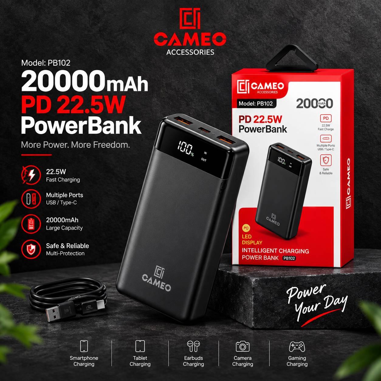 Cameo PB102Pro | 20000mAh 22.5W PD |  Fast Charging Powerbank Type C Fast Charging Port Dual Output Charging