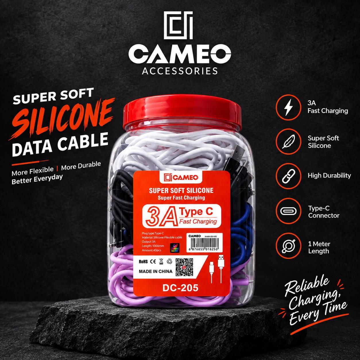 Cameo DC-205 Ultra Soft Silicone Cable Type-C Super fast Charging 3A 6 months warranty 40PCs in JAR 6 color option