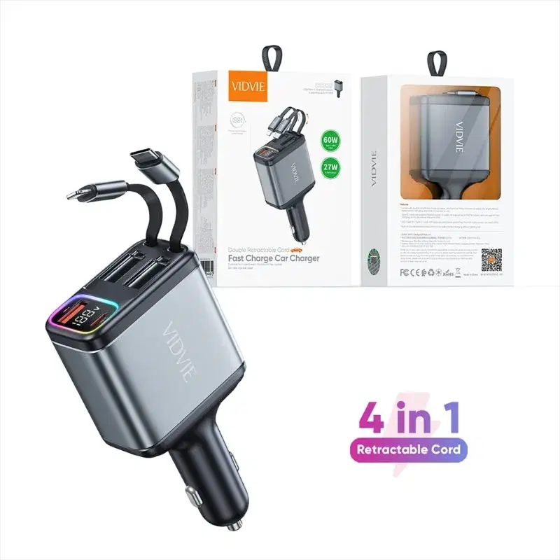 60w car charger with built- in telescopic cables vidvie CC539