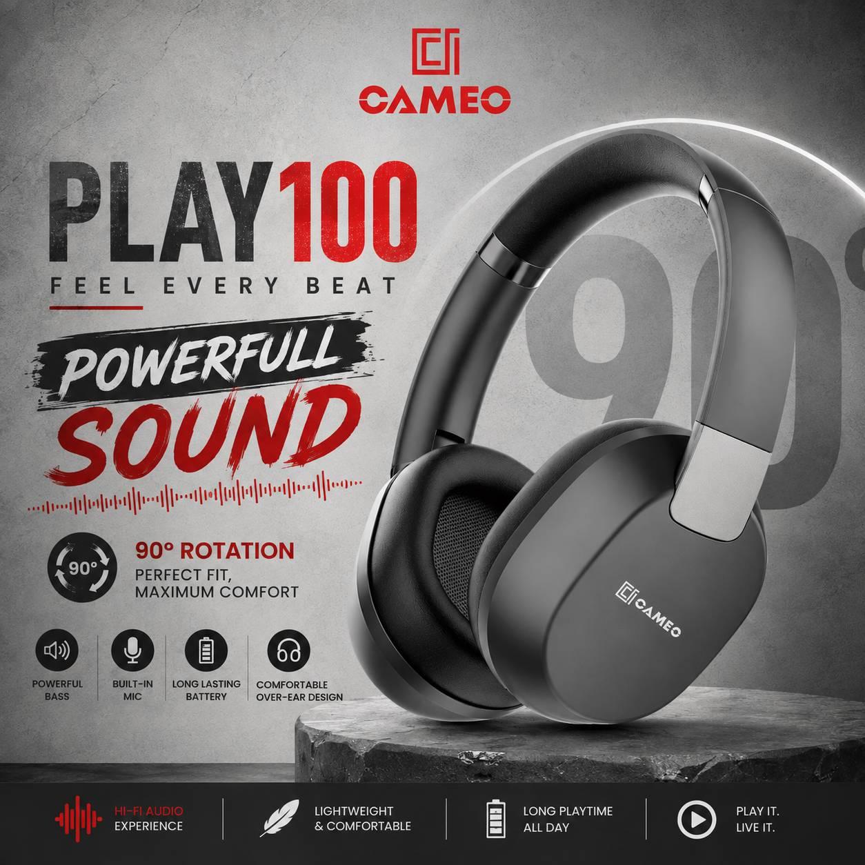 Cameo Play100 | Time 10HRs, Stand Time 120 HRs, Battery Capacity 300mAh, Charging mode Type-C, Transmission range 10m, 
Mode for PC, Foldable Design, Wireless, Bluetooth V5.4, 90 Degree Rotate, PNRS Systems thumbnail 5