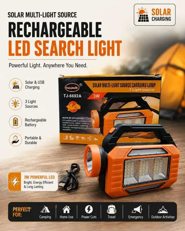 3W Solar Rechargeable LED Search Light – 3 Light Source Emergency Torch with USB Charging, Torch Light