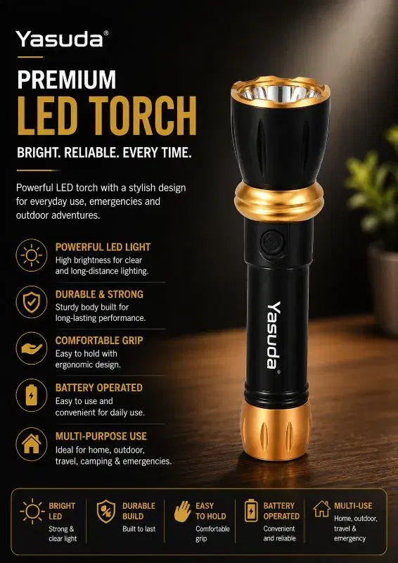 Yasuda Premium LED Torch | Powerful Long-Range Flashlight for Home & Outdoor Use, Torch Light