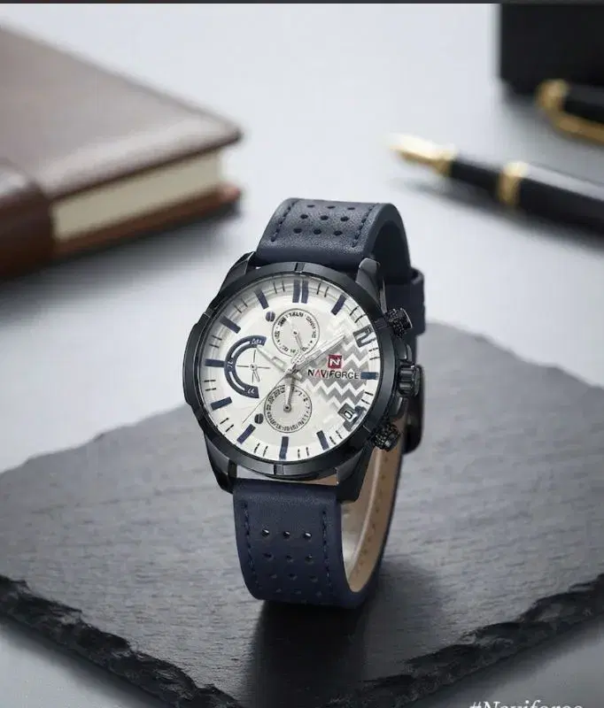Naviforce Men's Sport Quartz Watch – White Patterned Dial with Blue Accents, Multi-Function Sub-Dials & Perforated Blue Leather Strap