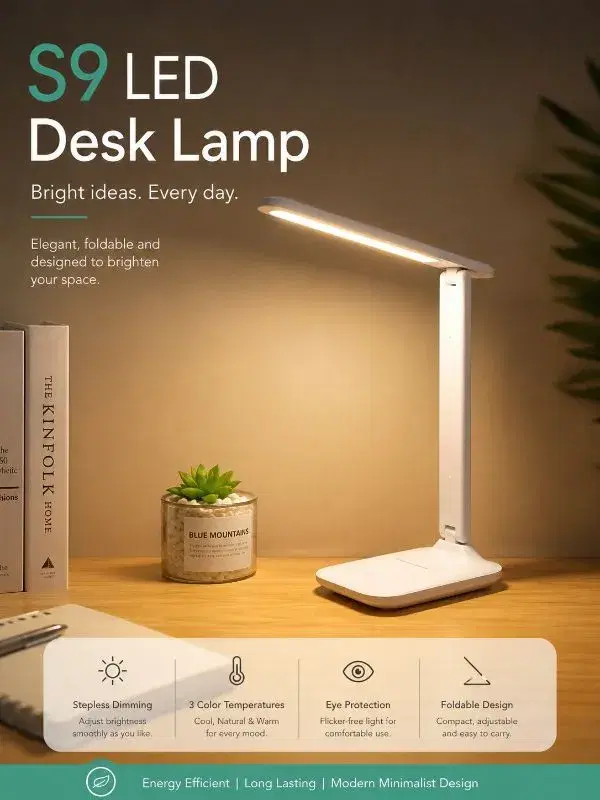 S9 LED Foldable Desk Lamp | 3 Color Modes | Stepless Dimming | Eye-Care Study & Reading Table Light | USB Powered,Table Lamp