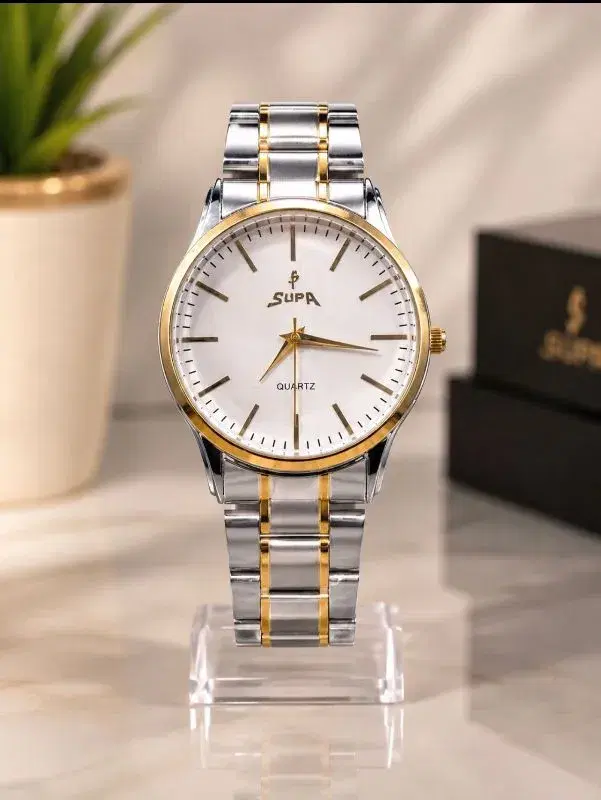 SUPA Gents Luxury Style Two-Tone Quartz Wristwatch – Golden Dial, Gold Accents, Durable Stainless Steel Bracelet