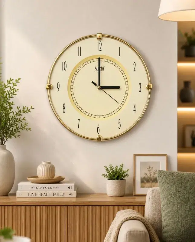 Ajanta Quartz Modern Vintage Round Wall Clock with Silver Metallic Frame and White & Golden Dial