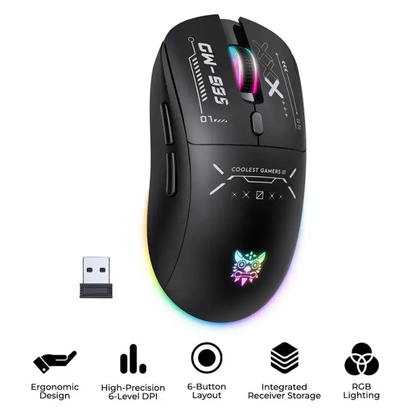 Onkuma CW935 RGB Tri-Mode Wireless Gaming Mouse, 2.4GHz, Bluetooth & Wired, 6-Level Adjustable DPI up to 12800, Ergonomic Design, Hidden USB Receiver (Black)