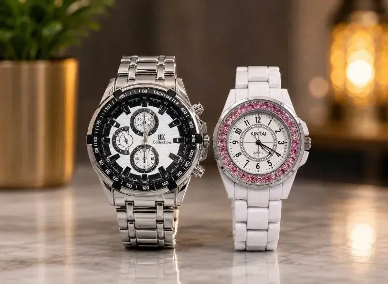 Luxury Silver Sports Style Men's & White Pink Crystal Bezel Women's Quartz Analog Couple Watch Set No Ratings