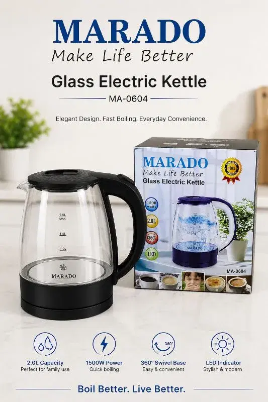 MARADO 2.0L Glass Electric Kettle 1500W | 360° Swivel Base | LED Light | Fast Boiling Water Kettle – MA-0604, Electric Jug