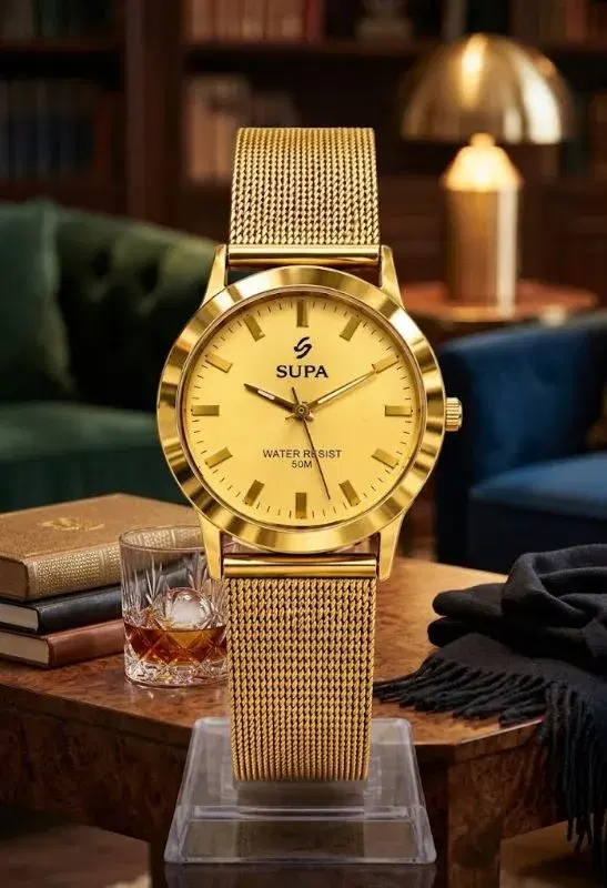 SUPA Luxury Gold Mesh Black Dial Quartz Watch for Women – 50M Water Resistant Analog Wristwatch