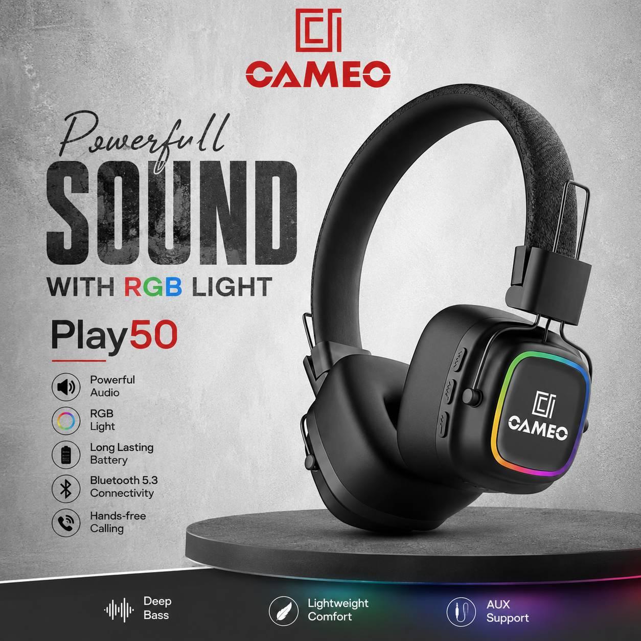 Cameo Play50 | Time 8HRs, Stand Time 120 HRs, Battery Capacity 250mAh, Charging mode Type-C, Transmission range 10m,
Mode for PC, Foldable Design, Wireless, Bluetooth V5.4, Adjustable & Comfort-Fit | OX-Cable 3.5mm Jack | 6 Months Warranty