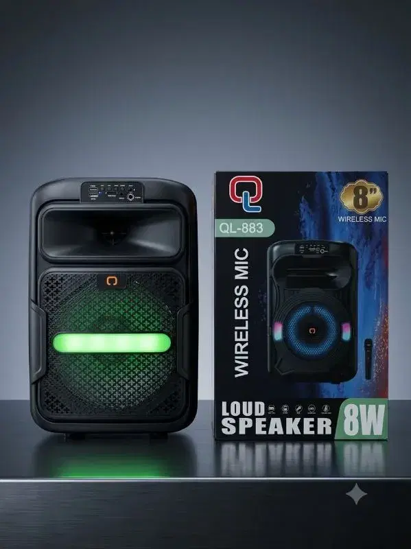 QL-883 8-inch wireless party speaker features a prominent green LED light bar and includes a wireless microphone.