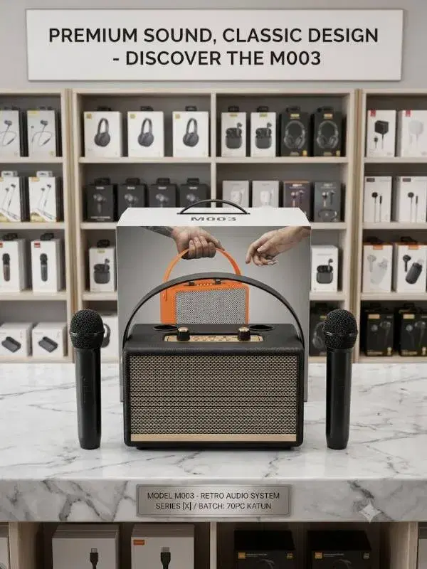 This M003 portable karaoke Bluetooth speaker features a retro design with an orange accent and comes with two wireless microphones