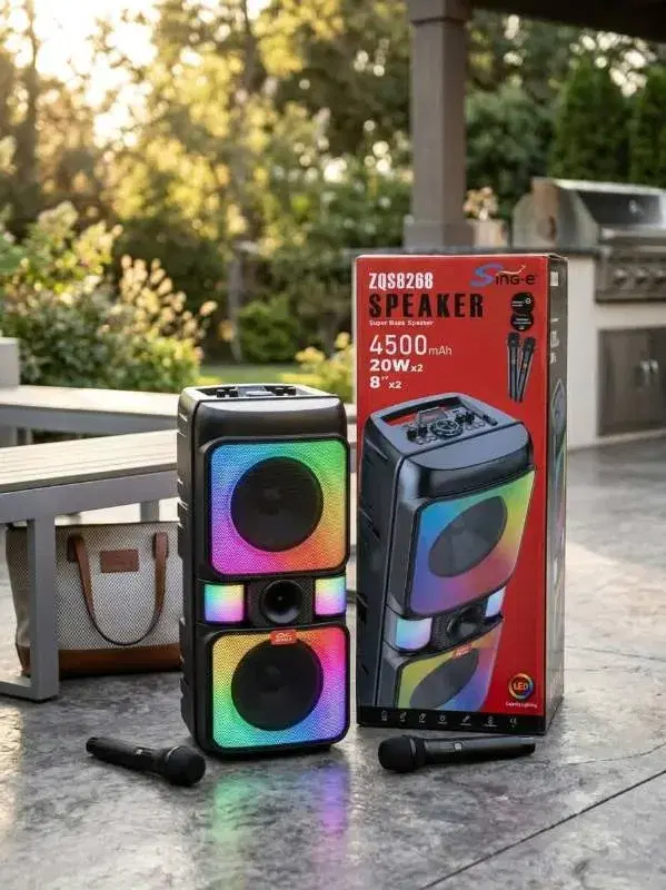 Sing-e ZQS8268 portable party speaker featuring dual 8-inch drivers and included wireless microphones.