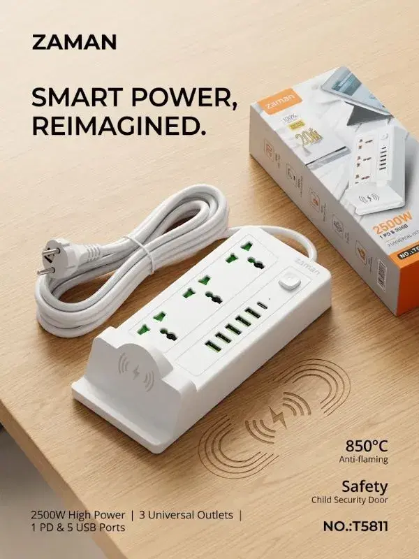 3 port multiplug/Extension Board | 5 usb port and 1 type c | 2500 watt | 20 watt wireless charging | Heavy