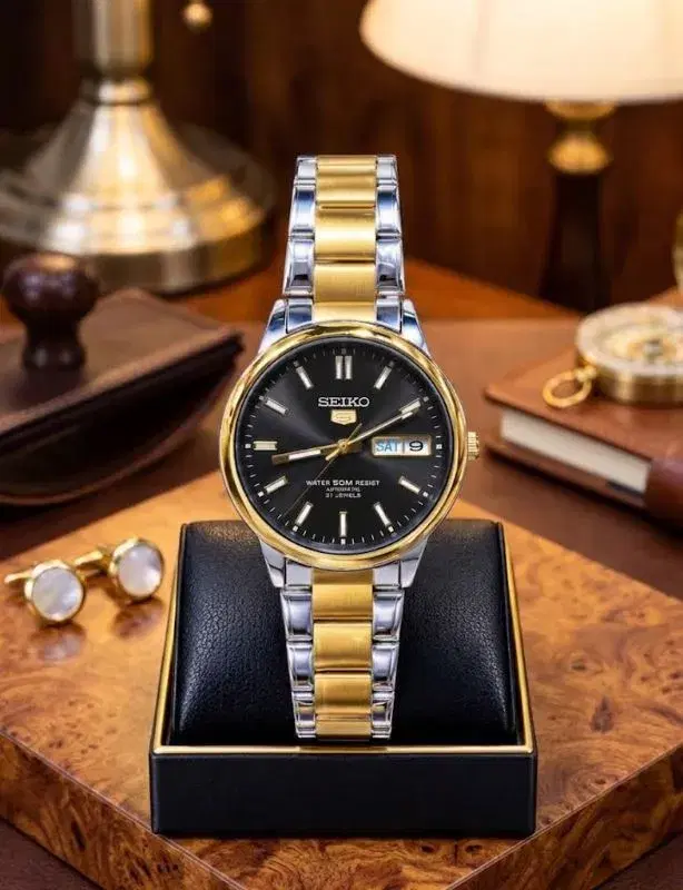 Seiko Two-Tone Stainless Steel Womens Wristwatch with Black Dial, Gold-Tone Bezel, and Day-Date Display (50m Water Resistant)