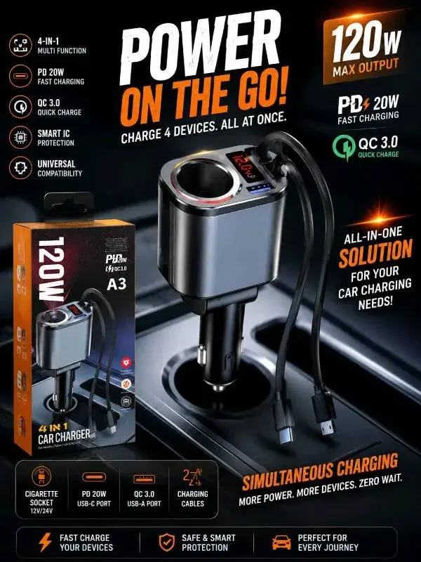 PD 120W 4 IN 1 A3 CAR CHARGER