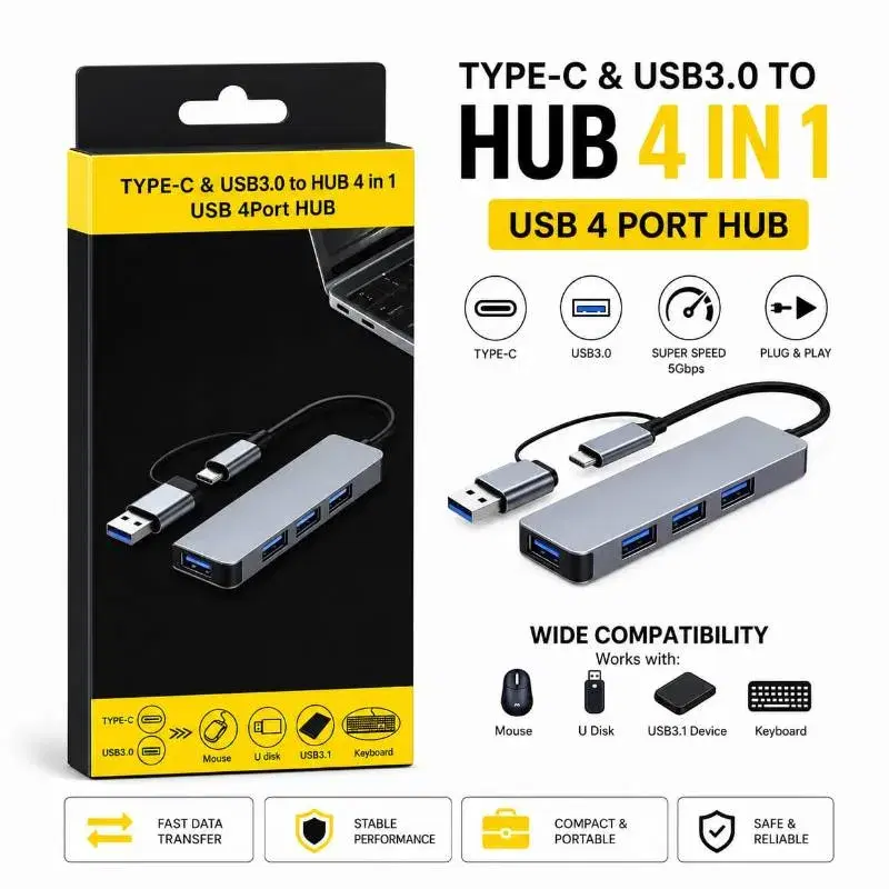 TYPE-C & USB 3.0 TO HUB 4 IN 1 USB 4 PORT HUB