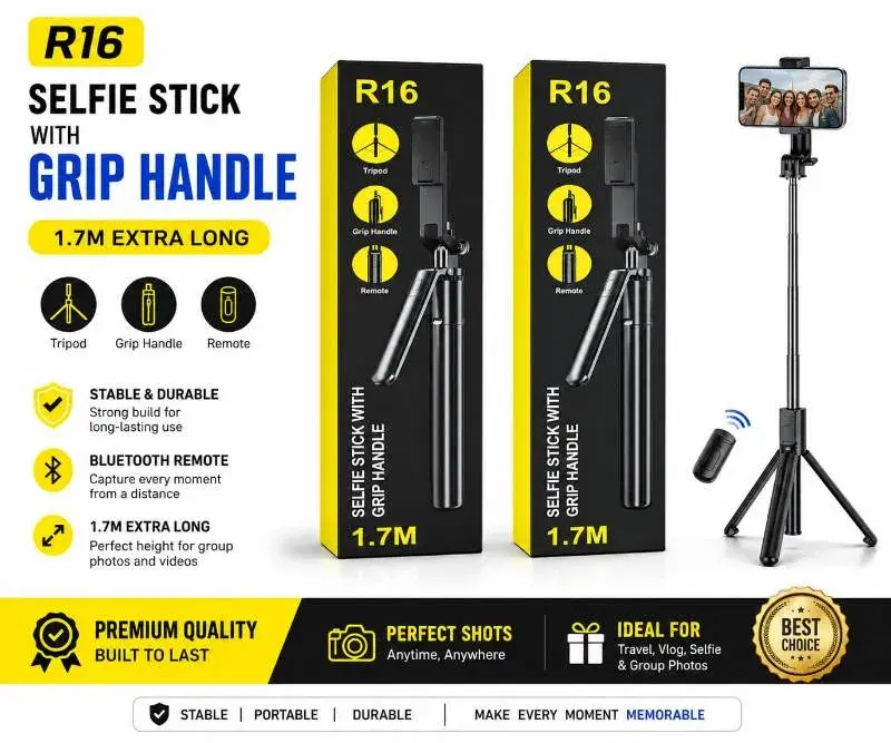 R16 1.7M EXTRA LONG SELFIE STICK WITH GRIP HANDLE