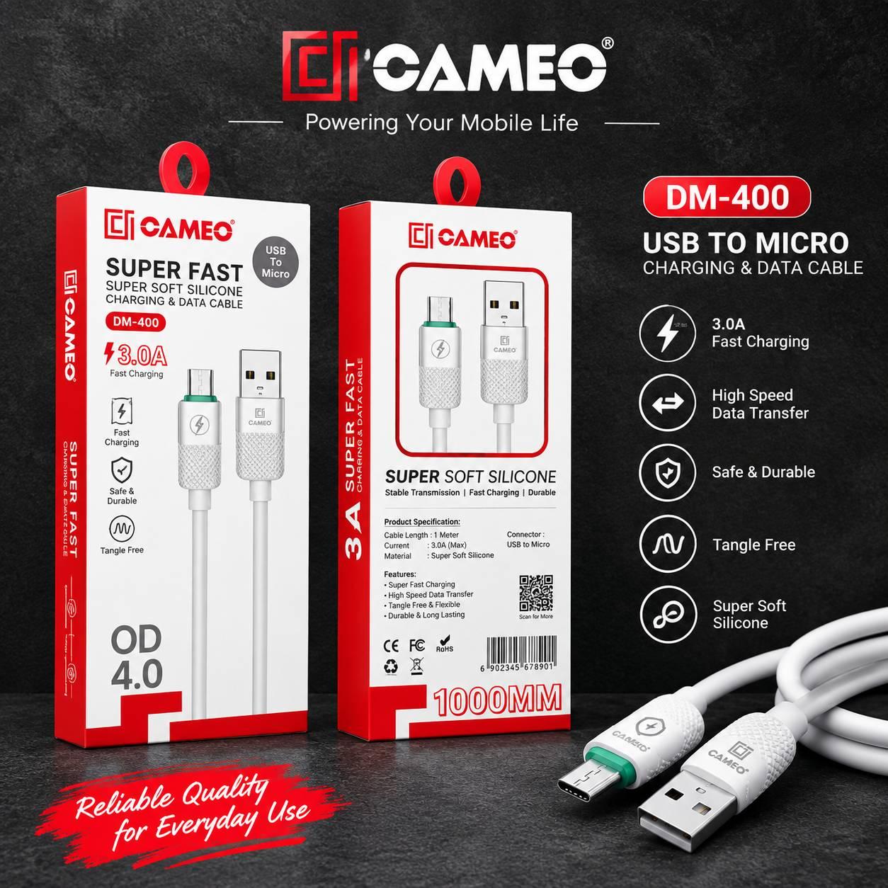 Cameo DM-400 | Silicone Super Soft | SUPER FAST | Data Sync and Fast Charging | Very Flexible | Heat Resistant | Plug: Micro USB
Jack, Material: SILICONE | Tangle-Free | Crack Resistant | Strong & Durable | Length: 1000cm, OD4.0,