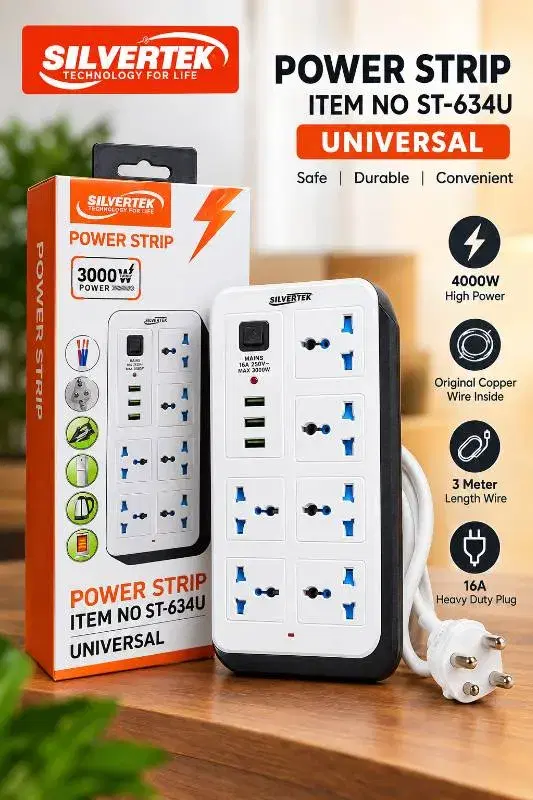 SILVERTEK ST-634U Universal Multiplug | 6 port Multi Socket Extension Board with 3 USB Ports | 3000W Power Strip