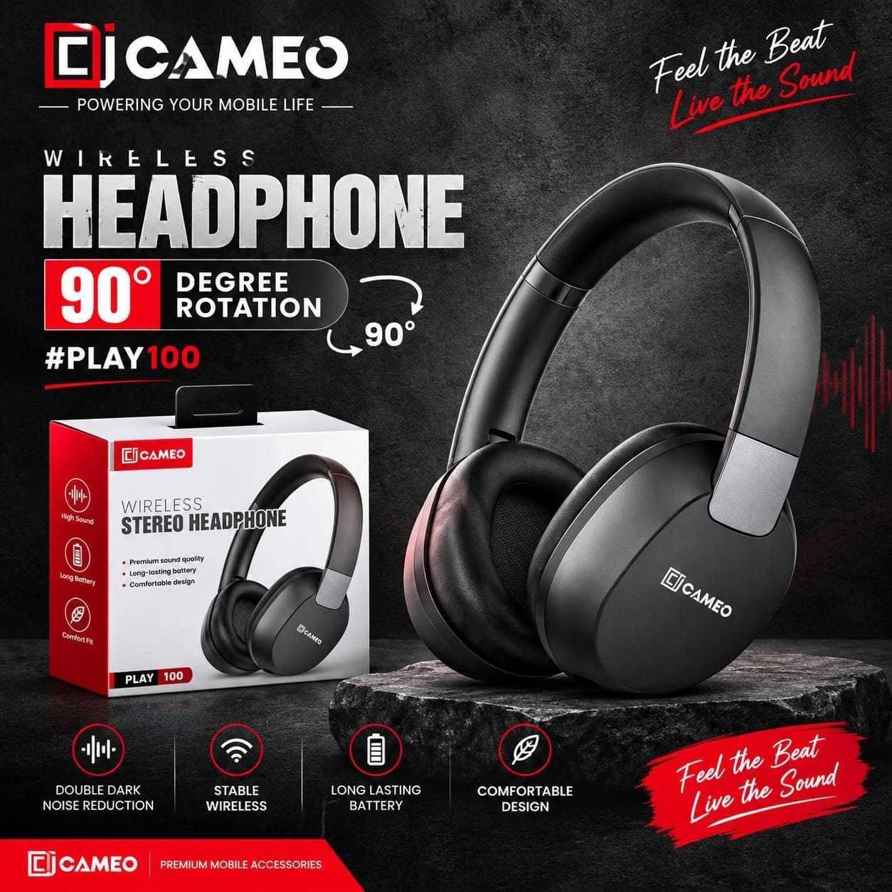 Cameo Play100 | Time 10HRs, Stand Time 120 HRs, Battery Capacity 300mAh, Charging mode Type-C, Transmission range 10m,
Mode for PC, Foldable Design, Wireless, Bluetooth V5.4, 90 Degree Rotate, PNRS Systems
