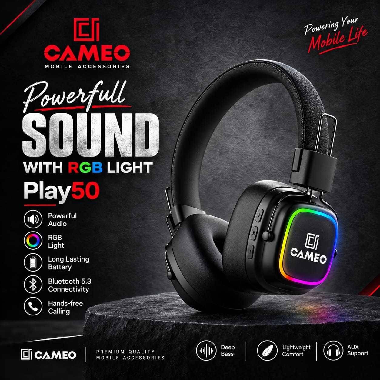Cameo Play50 | Time 8HRs, Stand Time 120 HRs, Battery Capacity 250mAh, Charging mode Type-C, Transmission range 10m,
Mode for PC, Foldable Design, Wireless, Bluetooth V5.4, Adjustable & Comfort-Fit | OX-Cable 3.5mm Jack | 6 Months Warranty
